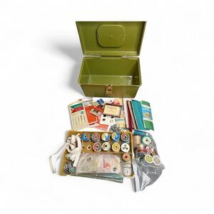 Vintage Wil-Hold Sewing Box Avocado Green Wilson Design Basket With Supplies
